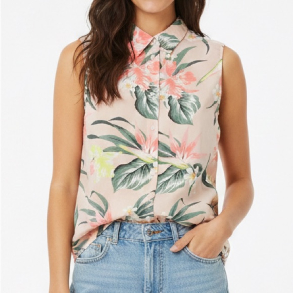 H&M Divided Women’s Sleeveless Floral Button-Front Blouse Size S Pink‎ Tropical